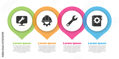 Set Location with wrench spanner, Worker safety helmet and gear, Wrench spanner and User manual. Business infographic template. Vector.