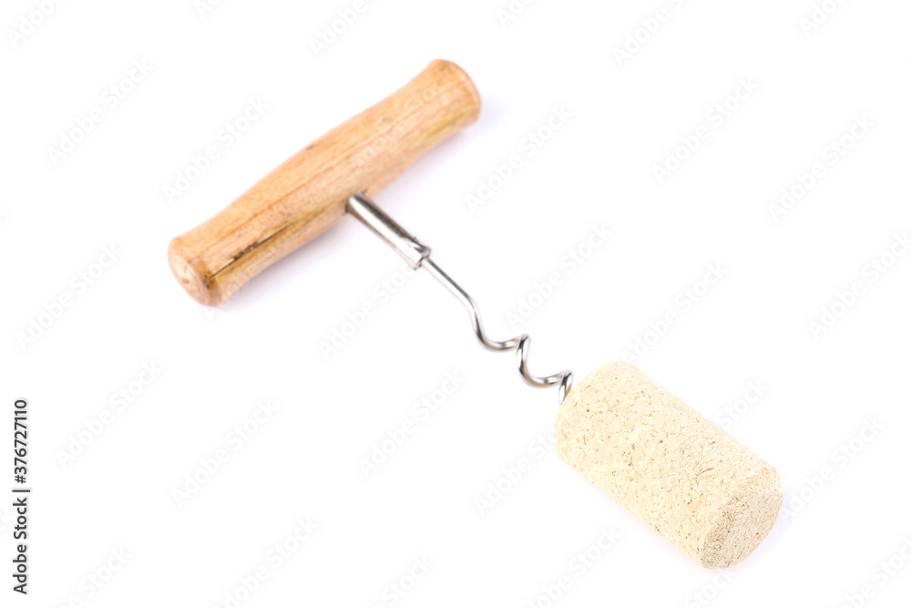 Wine cork with corkscrew isolated on white background Wine cork with corkscrew isolated on white background