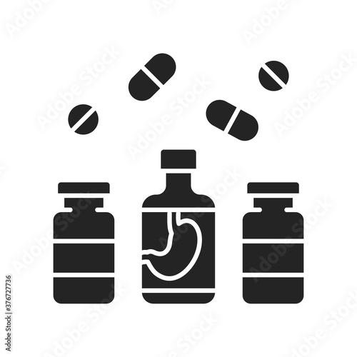 Pharmaceutical product black glyph icon. Digestive tract diseases. Sign for web page, mobile app, button, logo.