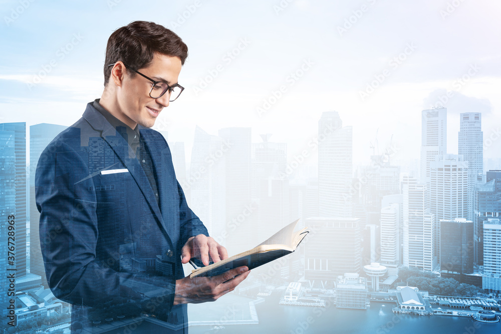 Young handsome businessman in suit and glasses thinking how to tackle the problem, new career opportunities, MBA assignment. Singapore on background. Double exposure. Young handsome businessman in suit and glasses thinking how to tackle the problem, new career opportunities, MBA assignment. Singapore on background. Double exposure.