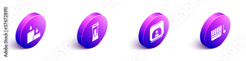 Set Isometric Burning candle, Bottle of shampoo, Aroma lamp and Sauna bucket and ladle icon. Vector.