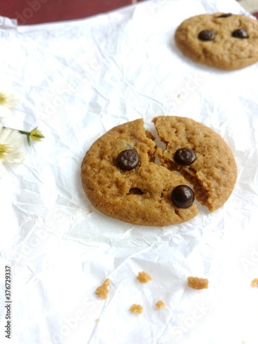 brown soft cookies with chocochips topping. cookies on the white background