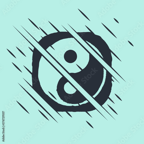 Black Yin Yang symbol of harmony and balance icon isolated on green background. Glitch style. Vector Illustration.