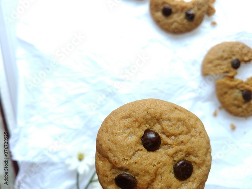 brown soft cookies with chocochips topping. cookies on the white background