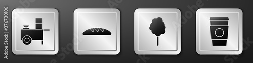 Set Fast street food cart, Bread loaf, Cotton candy and Coffee cup to go icon. Silver square button. Vector.