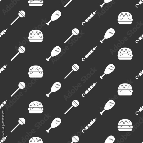 Set Grilled shish kebab, Burger, Lollipop and Chicken leg on seamless pattern. Vector.