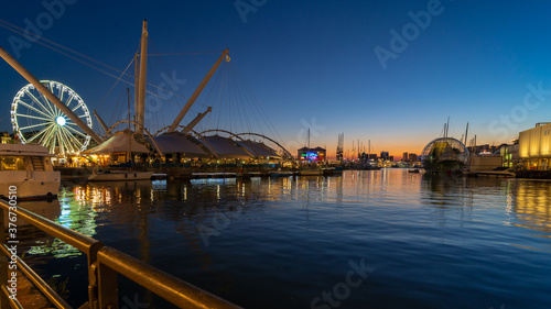 Porto Antico Old Port at sunset in Genoa in Italy.