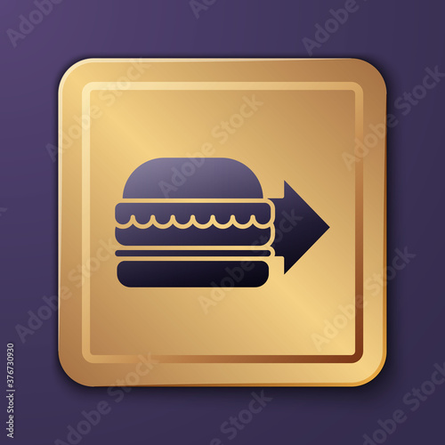 Purple Online ordering and burger delivery icon isolated on purple background. Gold square button. Vector Illustration.