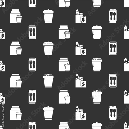 Set Online ordering and delivery, Online ordering and delivery, Online ordering and delivery and Coffee cup to go on seamless pattern. Vector.