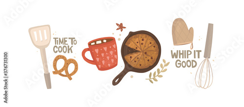 Set of vector illustrations. Food preparation, breakfast recipes. Rustic kitchen utensils. Cup, pie, vintage frying pan, whisk, spatula, oven mitt. Handwritten lettering time to cook and whip it good.