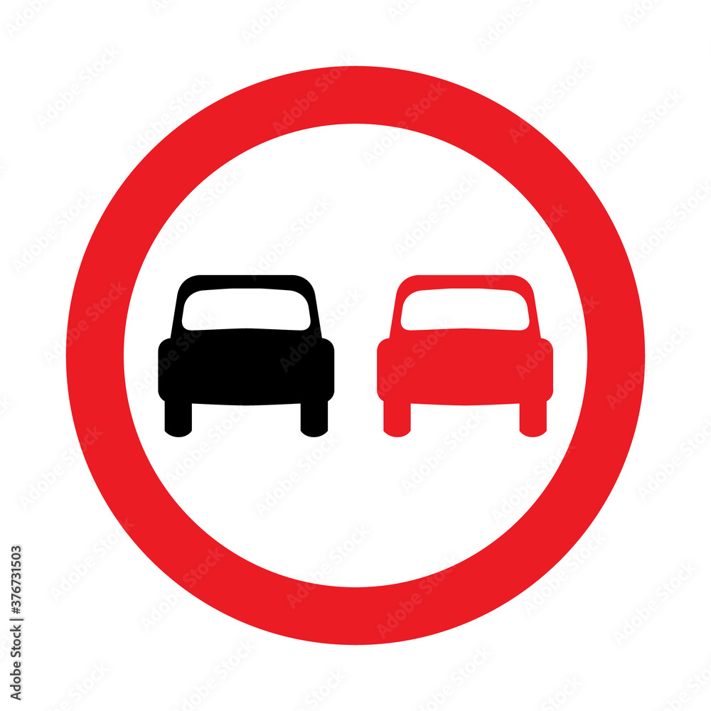 No overtaking road sign. Vector illustration of red circle traffic sign with two passing cars icon inside. Prohibition sign isolated on white background. No overtaking road sign. Vector illustration of red circle traffic sign with two passing cars icon inside. Prohibition sign isolated on white background.