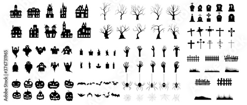 Set of silhouettes of Halloween. The shadow collection on Halloween. Set of icon for celebration. Vector illustration.