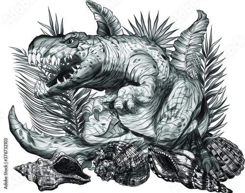 Tyrannosaurus ancient dinosaur with leaves vector illustration black and white, coloring, tattoo, graphic