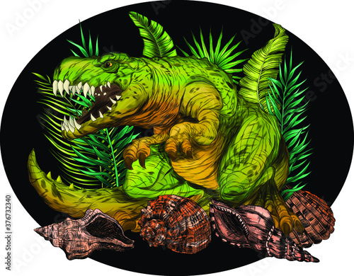 Tyrannosaurus ancient dinosaur with leaves vector illustration black background