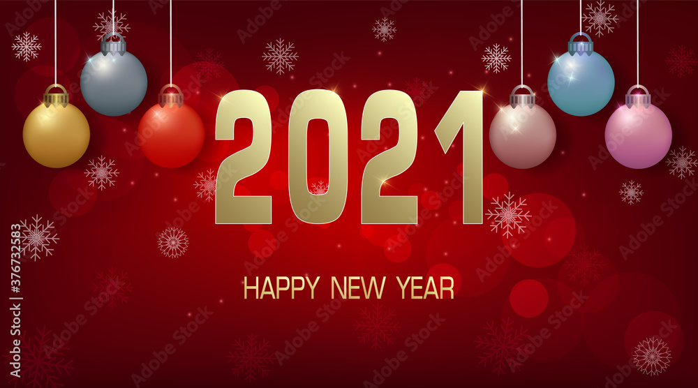 Happy New year 2021 and ball decoration illustration on red