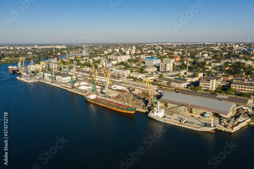 Kherson city cargo port near the Dnieper river aerial view