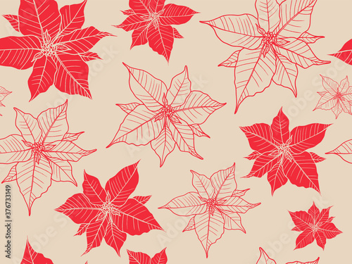 Merry Christmas pattern with the poinsettia. Modern illustration on white background.