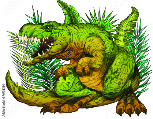 Tyrannosaurus ancient dinosaur with leaves vector illustration