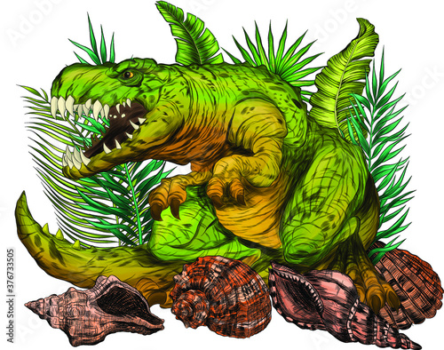 Tyrannosaurus ancient dinosaur with leaves vector illustration