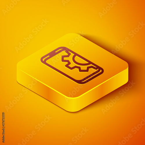 Isometric line Setting on smartphone icon isolated on orange background. Adjusting, service, setting, maintenance, repair, fixing. Yellow square button. Vector Illustration.