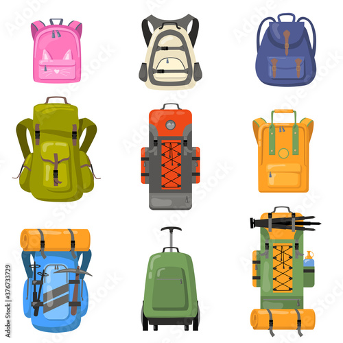 Colorful backpacks set. Bags for school, camping, trekking, mountain climbing, hiking. Flat vector illustrations for tourist equipment, rucksack, luggage concept