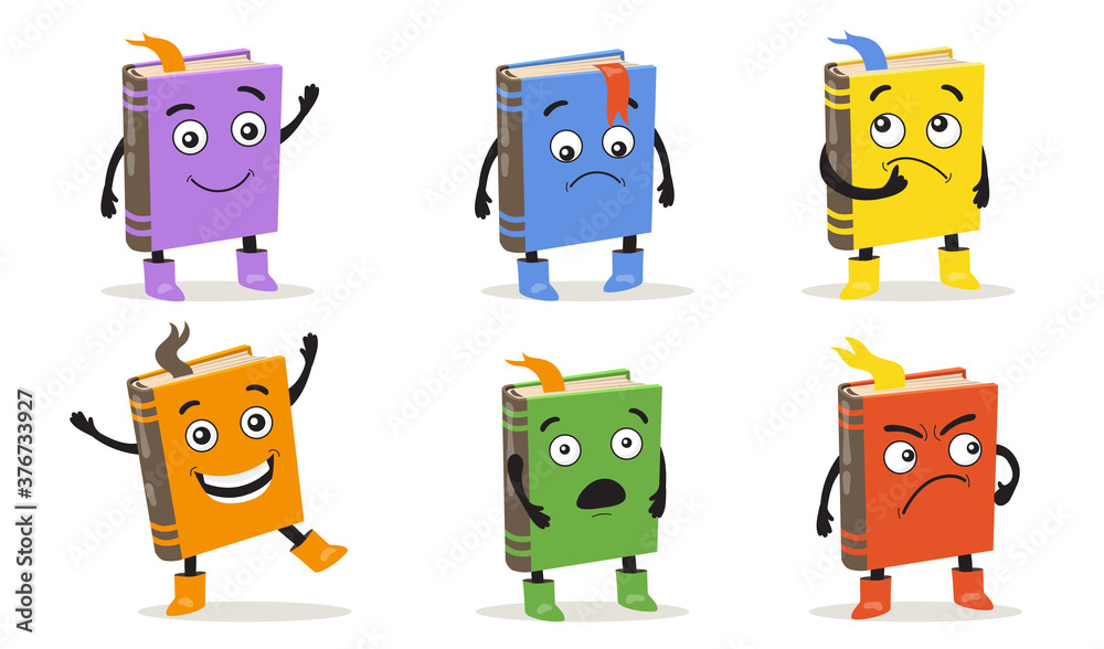 Cartoon books set. Cite funny character with different emotions, smiling or  pensive face on cover, colorful diary or textbook for kids. For primary  school, education, literature concept Stock Vector | Adobe Stock