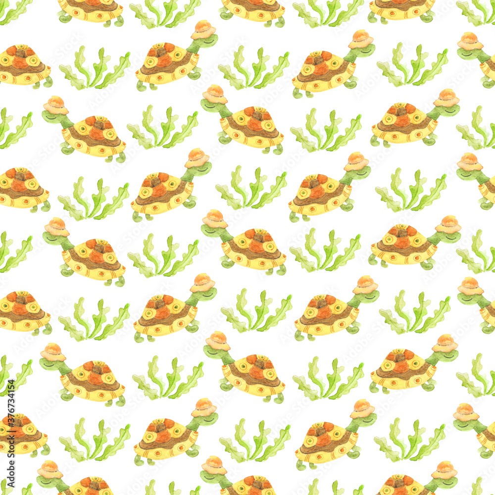 Naklejka premium Turtle and plants watercolor seamless pattern