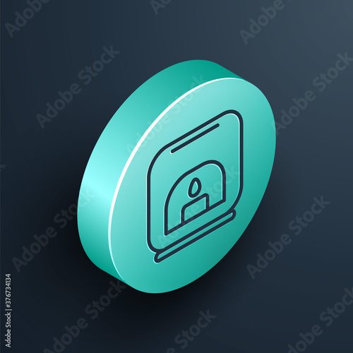 Isometric line Aroma lamp icon isolated on black background. Turquoise circle button. Vector Illustration.