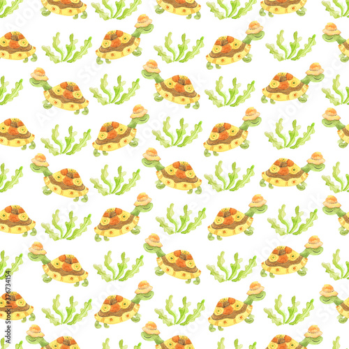 Turtle and plants watercolor seamless pattern