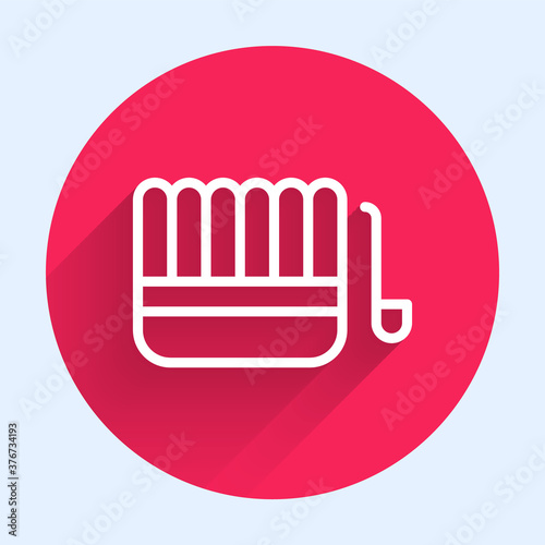 White line Sauna bucket and ladle icon isolated with long shadow. Red circle button. Vector Illustration.