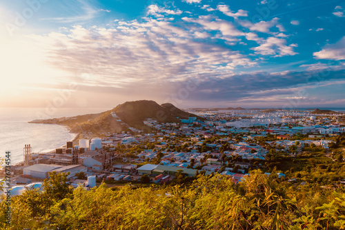sint Maarten, Caribbean - January 20 2020: Aerial view of the Caribbean island of Sint Marteen at Sunset