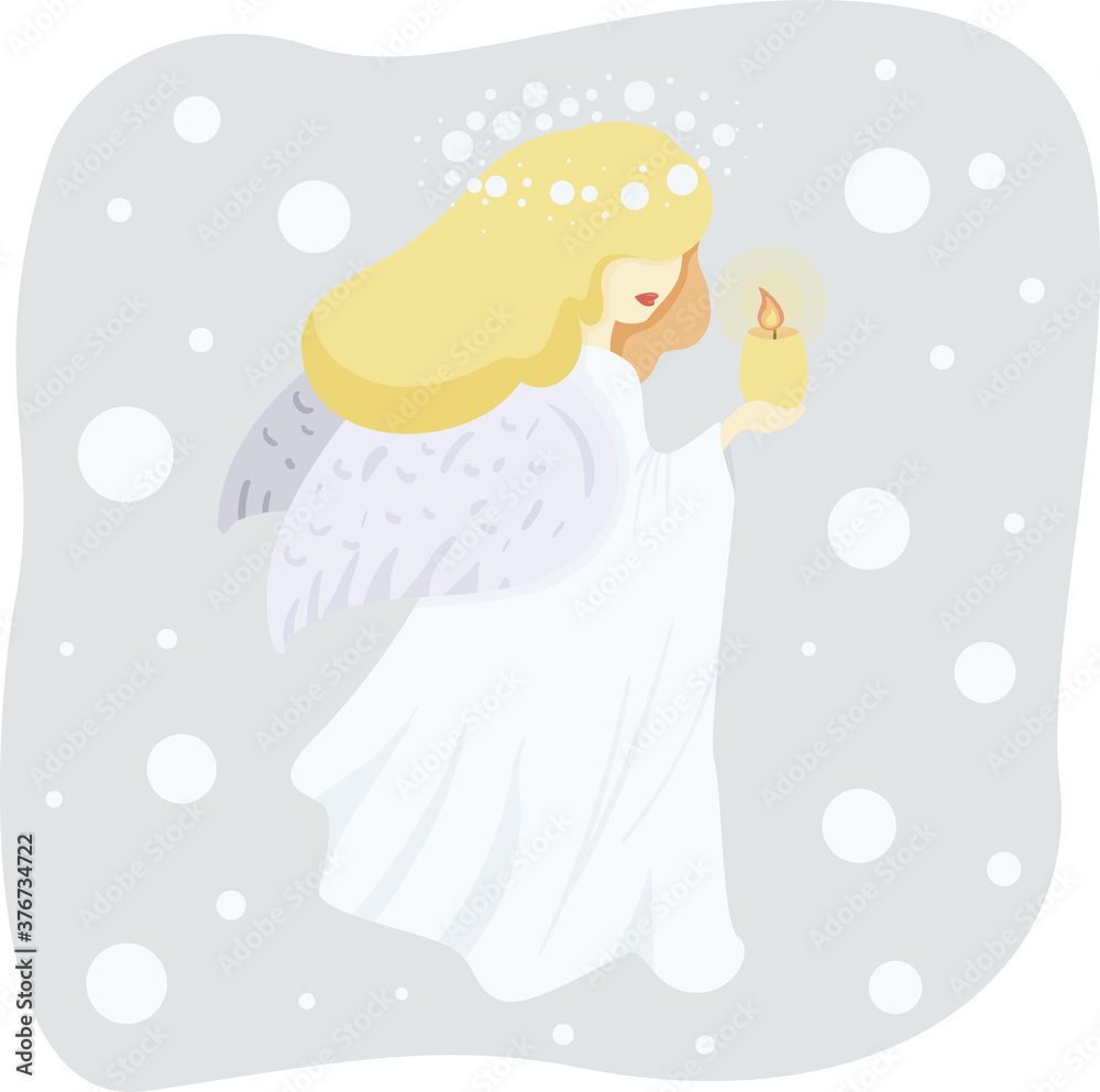 Beautiful Angel with a candle on light background with falling snow vector flat illustration.Christmas card, poster. New year style, holidays vibes. Blond hair Girl with wings, halo and lighted fire Beautiful Angel with a candle on light background with falling snow vector flat illustration.Christmas card, poster. New year style, holidays vibes. Blond hair Girl with wings, halo and lighted fire