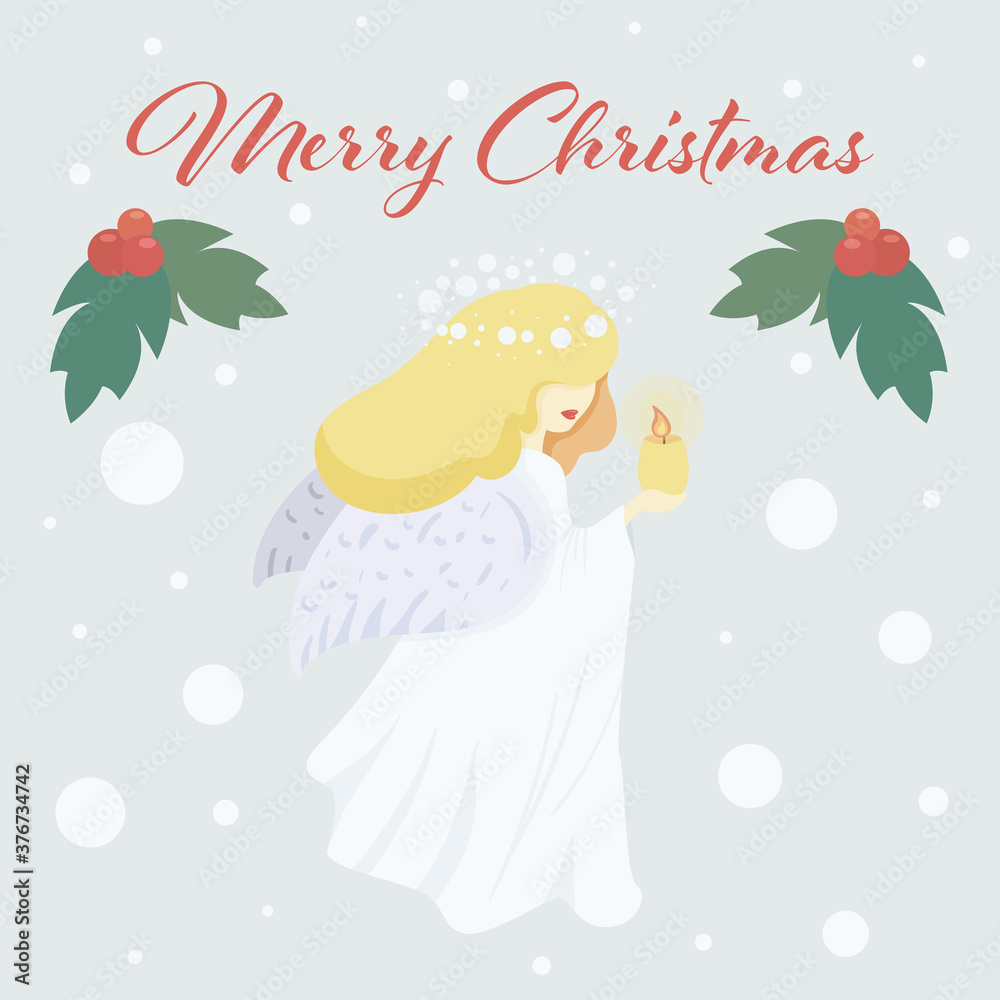 Vector Card lettering Merry Christmas with Holly and beautiful Angel with a candle. Christmas card, poster. New year style, holidays vibes, christmas mood. Girl with wings, halo and lighted fire Vector Card lettering Merry Christmas with Holly and beautiful Angel with a candle. Christmas card, poster. New year style, holidays vibes, christmas mood. Girl with wings, halo and lighted fire