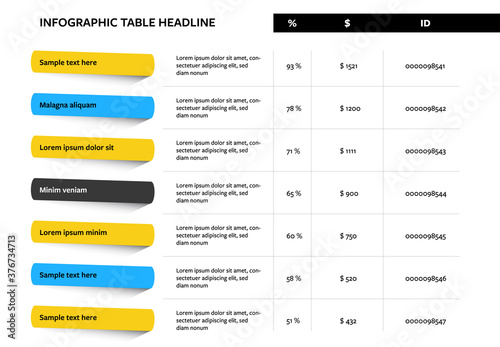Infographic table layout, clean and modern tabular graphic design