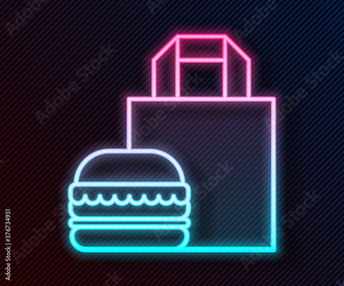 Glowing neon line Online ordering and burger delivery icon isolated on black background. Vector Illustration.