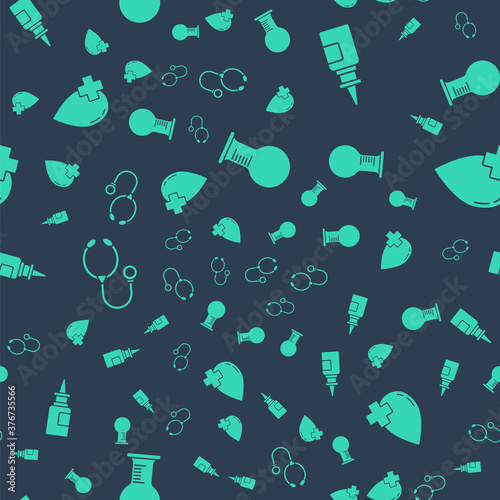 Set Test tube and flask, Bottle nasal spray, Stethoscope and Donate drop blood with cross on seamless pattern. Vector.