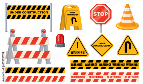 Road barriers set. Warning and stop signs, under construction boards, yellow tape and cone. Flat vector illustrations for roadblock, roadwork, traffic barricade concept.