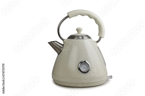 Electric kettle in retro style isolated on white background. White kettle water boiler,  teapot for kitchen with temperature indicator