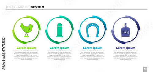 Set Wild west saddle, Bullet, Horseshoe and Alcohol drink Rum bottle. Business infographic template. Vector.