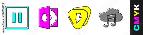 Set Pause button, Vinyl player with a vinyl disk, Guitar pick and Music streaming service icon. Vector.