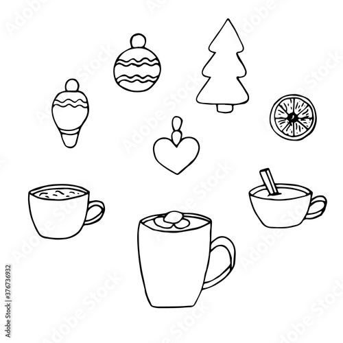 Set of Christmas and New Year cliparts, vector illustration, Christmas toys and hot chocolate, hand drawing