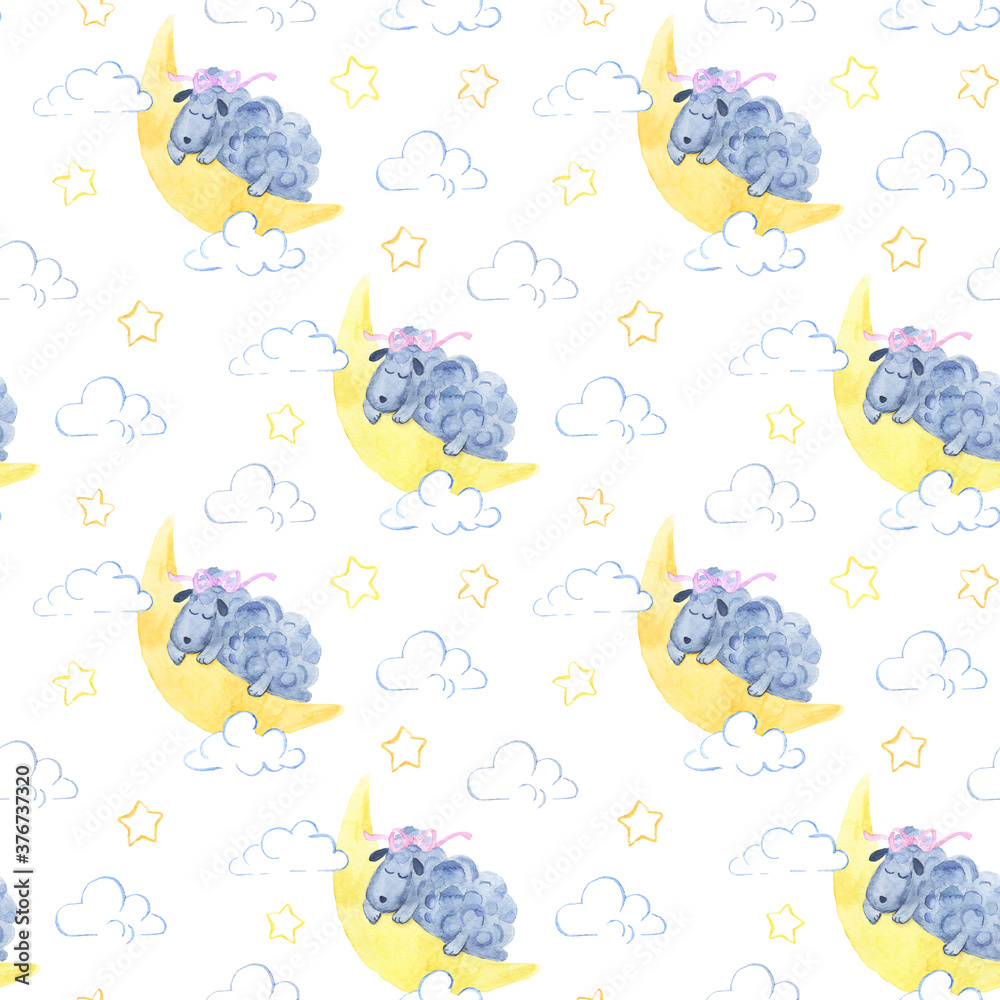 Obraz premium Watercolor seamless pattern with sheep sleeping on the moon, stars and clouds. Good night cute illustration on white background