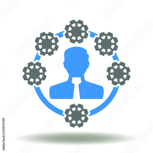 Man with rotation cogwheels icon vector. Responsibility Business Logo. Roles and Responsibilities Illustration.