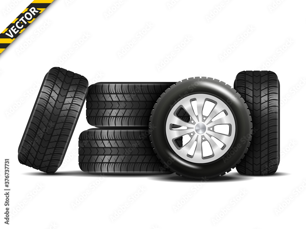 Realistic car wheels set with alloy rims, front and side view composition. Isolated vector on a white background Realistic car wheels set with alloy rims, front and side view composition. Isolated vector on a white background