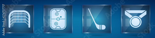 Set Ice hockey goal, Air hockey table, Ice hockey stick and Medal. Square glass panels. Vector.