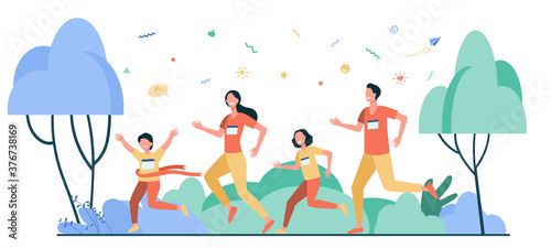 Dad  mom and kids running together in park isolated flat vector illustration. Happy cartoon man  woman and children jogging marathon. Family and healthy lifestyle concept