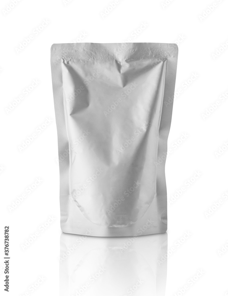 Blank aluminium foil plastic pouch bag sachet packaging mockup isolated on white background with clipping path