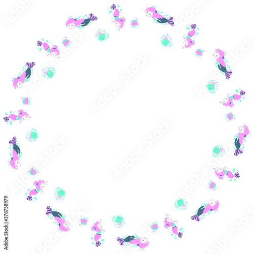 Round frame of cute funny girls mermaids swimming under water with shells and fish bubbles. Vector isolated cartoon blank template on a white background. For the design of products for babies, kids. 
