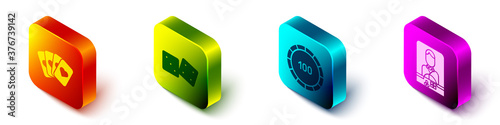 Set Isometric Deck of playing cards, Game dice, Casino chips and Casino dealer icon. Vector.