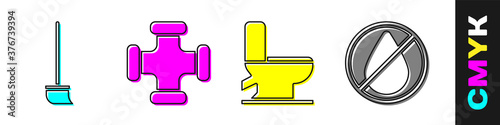 Set Mop, Industry metallic pipe, Toilet bowl and Water drop forbidden icon. Vector.